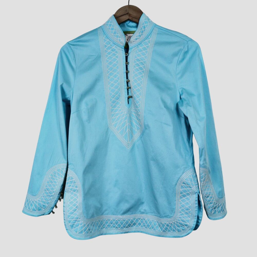 Elizabeth McKay Size 4 Tunic Gold Buttons Embroidery Turquoise Blue